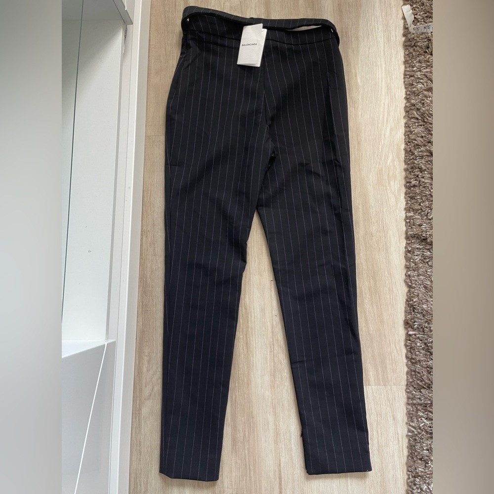 Balenciaga Striped Wool High-Waist Slit Skinny belted Pants in Black 40 - Picture 3 of 8